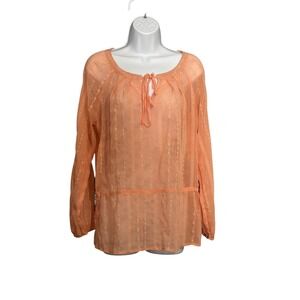 My Michelle Orange‎ Embroidered Tie Neck Long Sleeve Blouse Women Size L